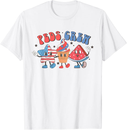 Retro Peds Crew Pediatric Nurse 4th Of July Independence Day T-Shirt - T-Shirt | White