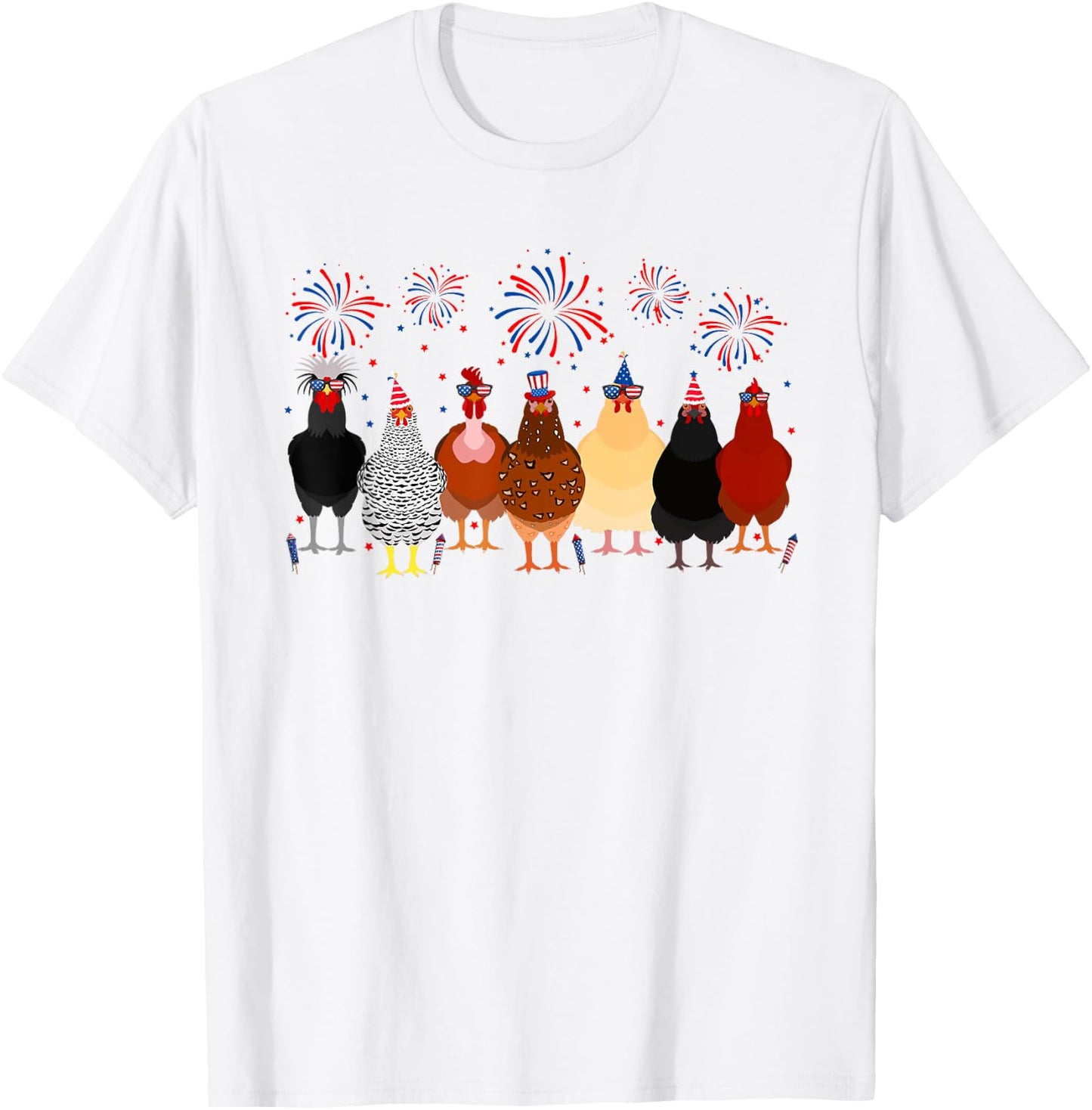 Funny Chickens American Flag Fireworks Farmer 4th Of July Women Men T-Shirt - T-Shirt | White