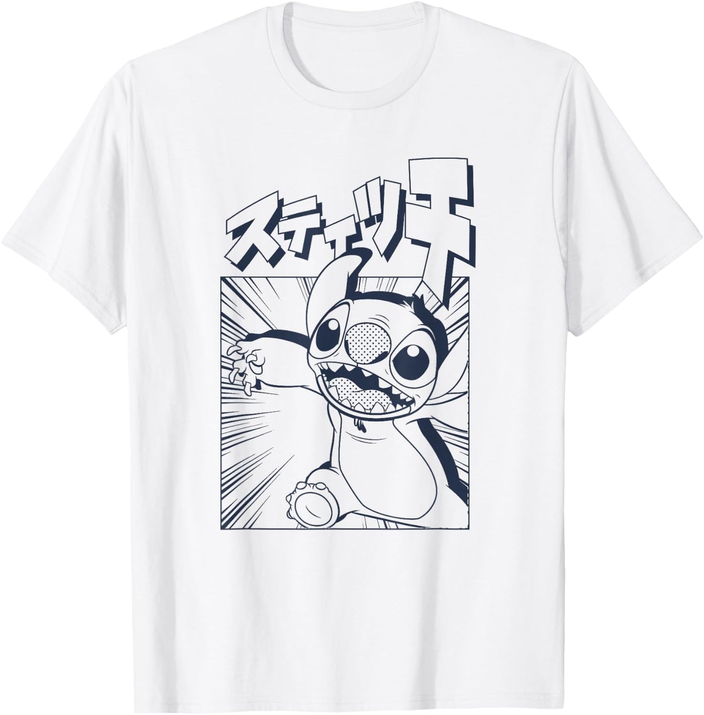 Disney Lilo & Stitch Manga Katakana Japanese Panel Portrait T-Shirt - T-Shirt | White