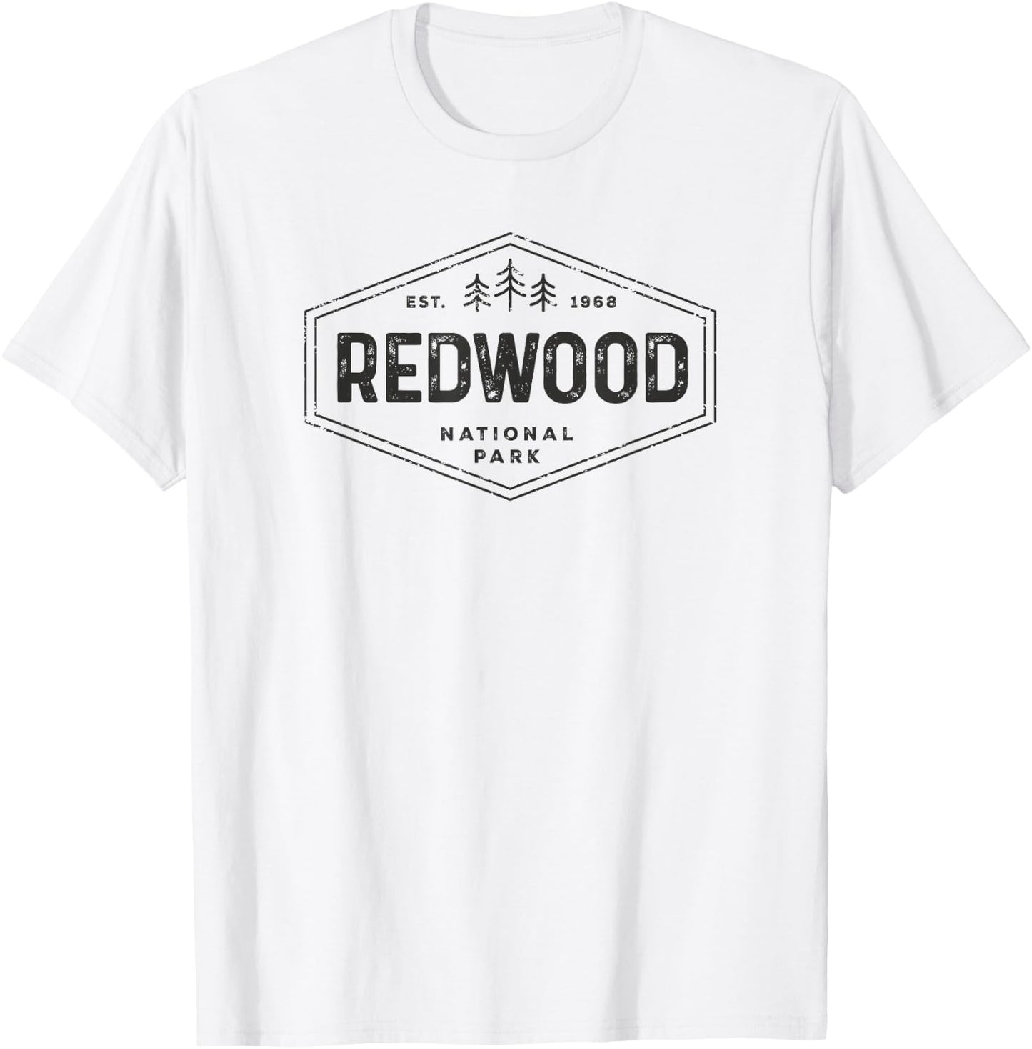Redwood National Park Shirt Vintage Tree Hexagon Badge Hike T-Shirt - T-Shirt | White
