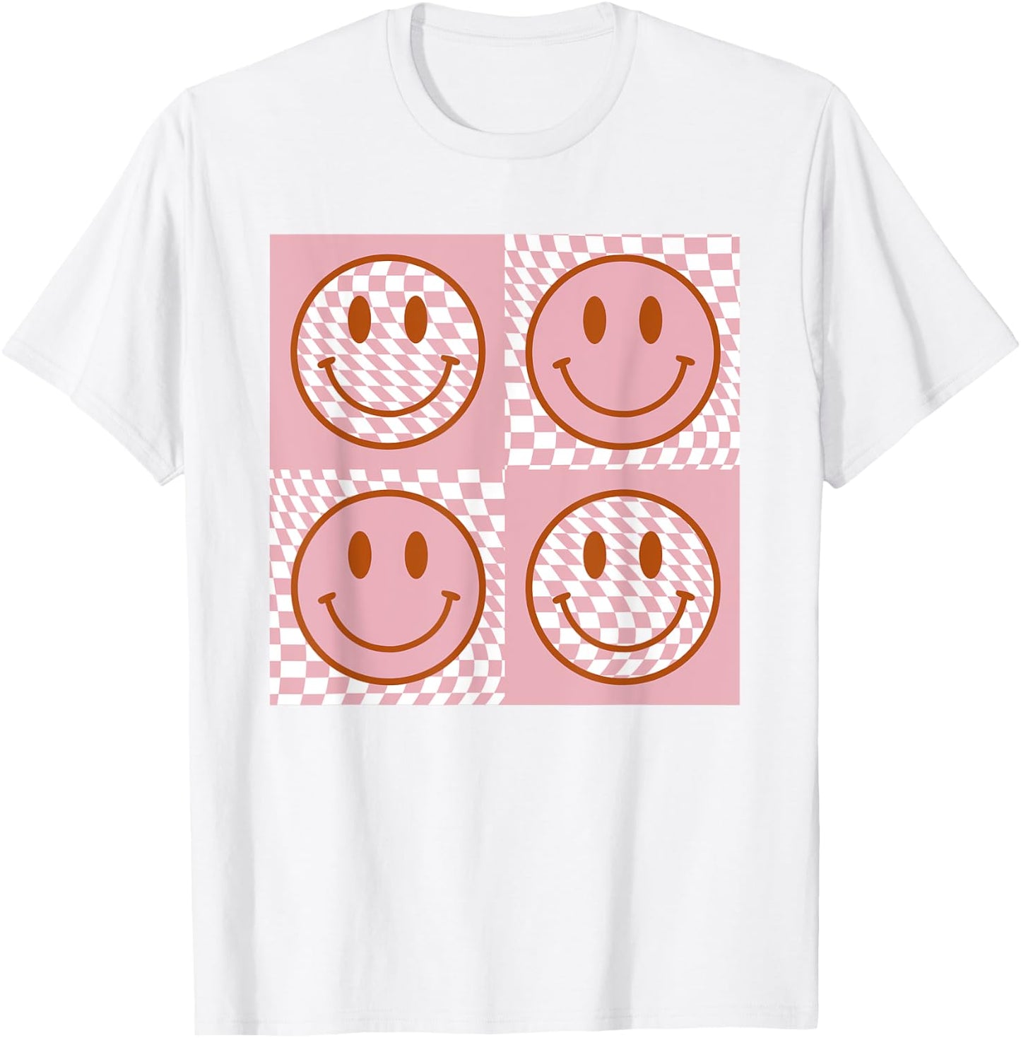 Checkered Pattern Happy Face Shirt Retro Pink Smile Face T-Shirt - T-Shirt | White