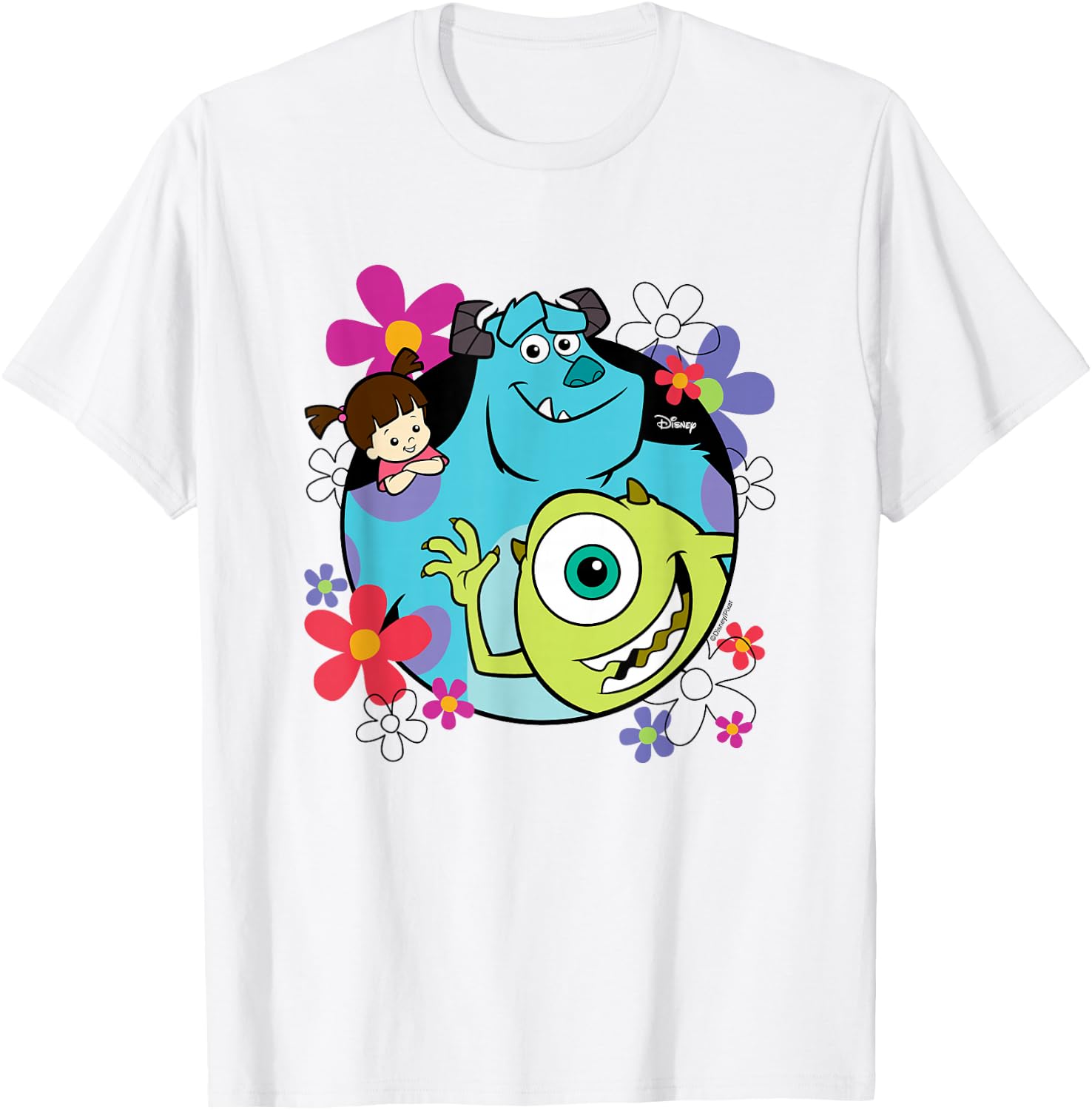 Monsters Inc - Sully Mike Wazoski Boo Floral Circle Group T-Shirt - T-Shirt | White