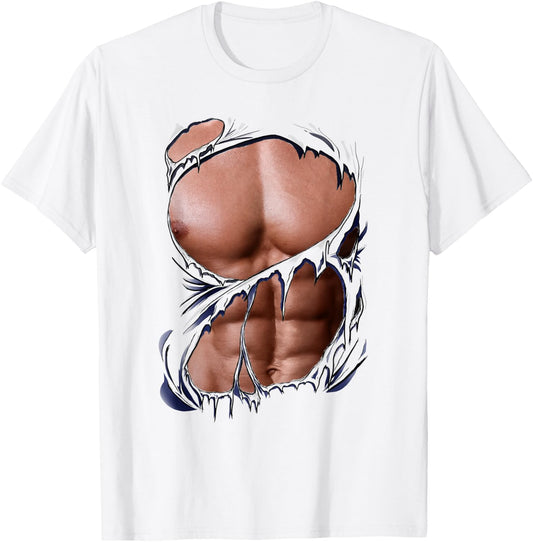 Fake Muscles Ripped Torn Chest Six Pack Abs Fitness Model T-Shirt - T-Shirt | White
