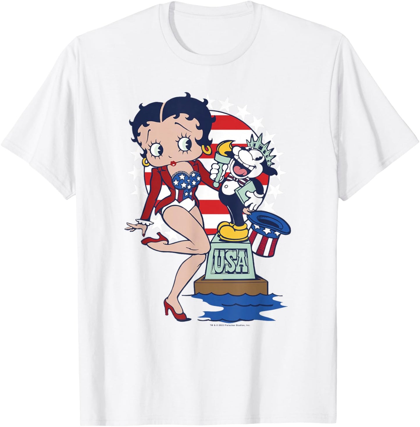 Betty Boop & Bimbo USA Star Spangled Patriotic Portrait T-Shirt - T-Shirt | White