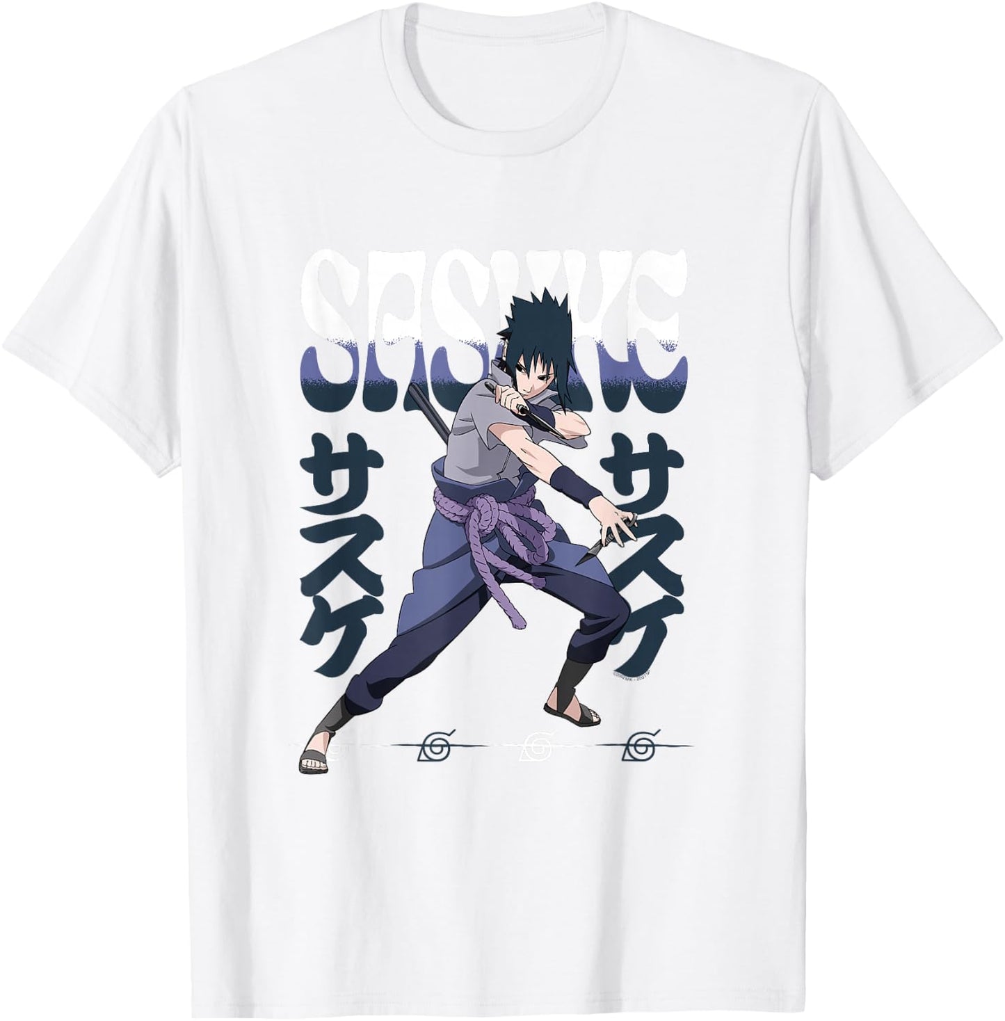 Naruto Shippuden Sasuke Attack Pose with Kanji Anime T-Shirt - T-Shirt | White
