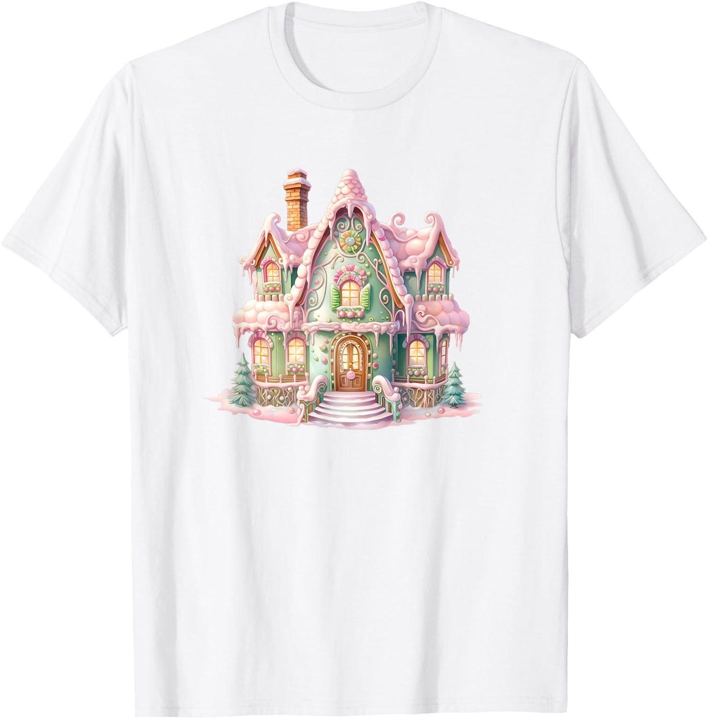 Pastel Gingerbread House Graphic Cute Christmas T-Shirt - T-Shirt | White