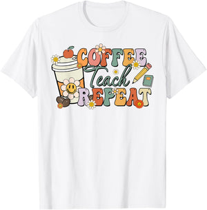 Retro Grovvy Coffee Teach Repeat Teacher T-Shirt - T-Shirt | White