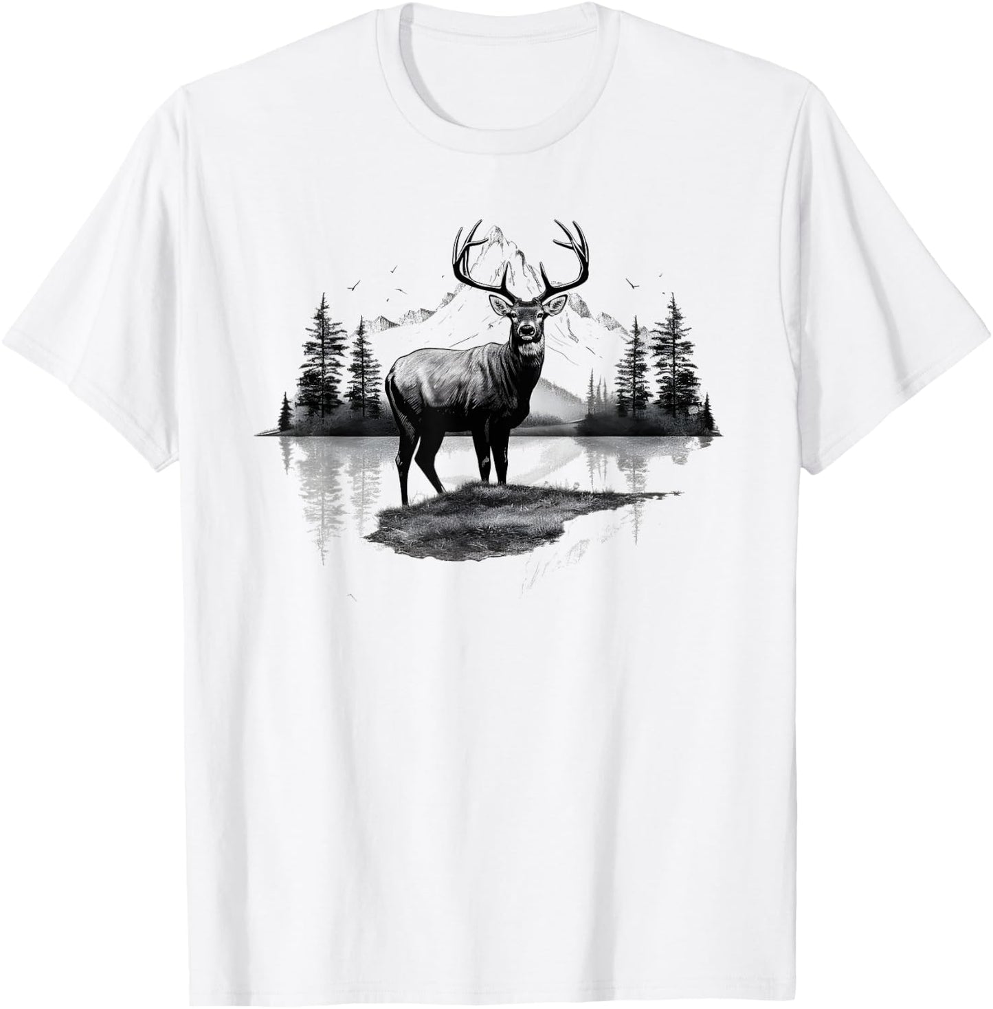 Buck Deer Stag Nature Landscape Art Portrait Vintage Graphic T-Shirt - T-Shirt | White