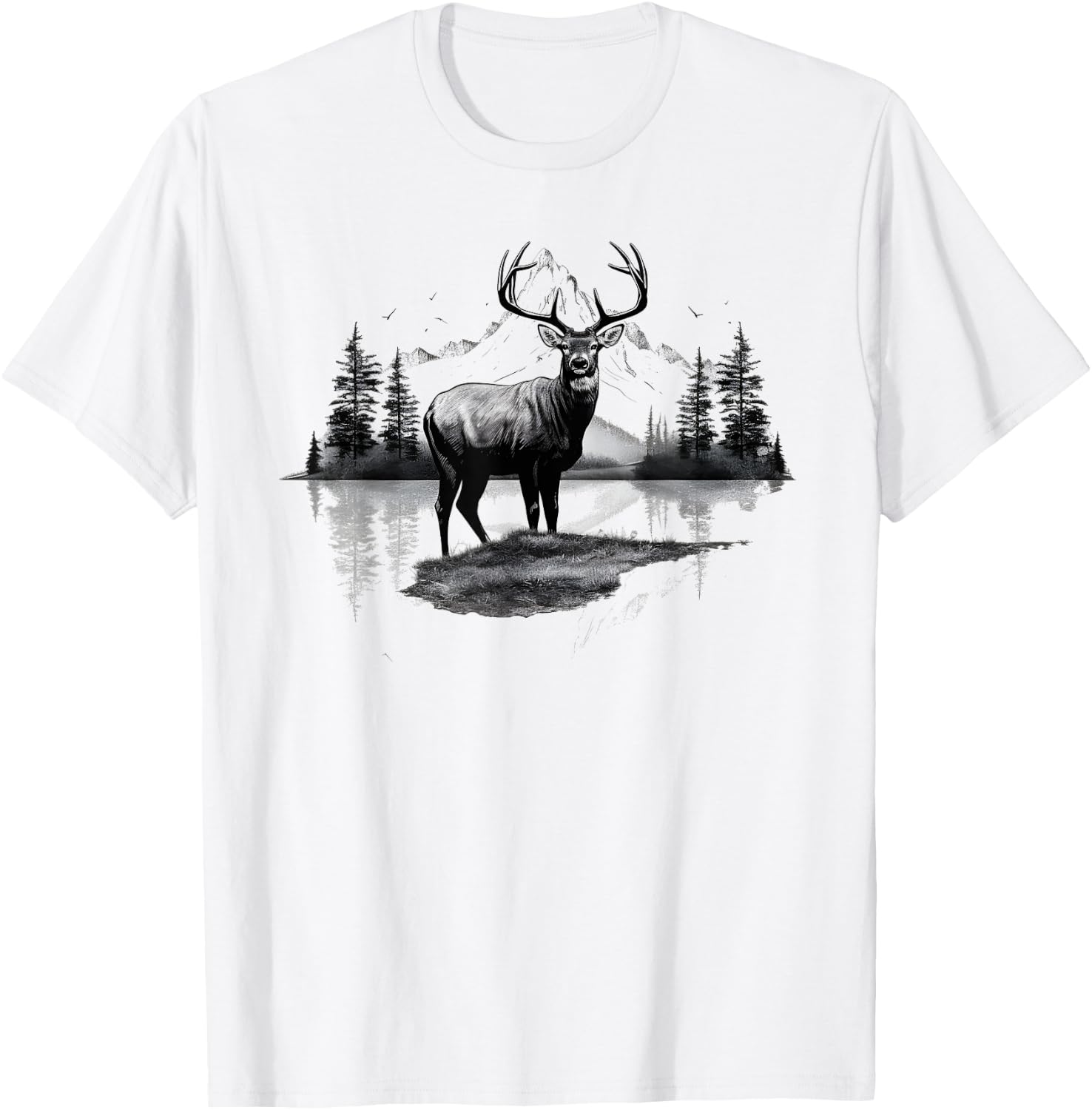 Buck Deer Stag Nature Landscape Art Portrait Vintage Graphic T-Shirt - T-Shirt | White
