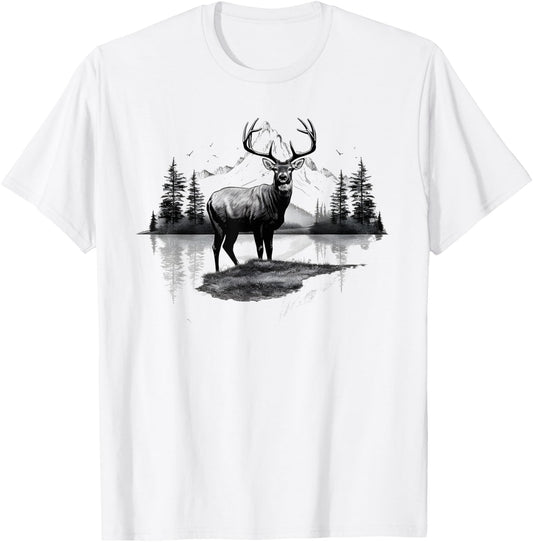 Buck Deer Stag Nature Landscape Art Portrait Vintage Graphic T-Shirt - T-Shirt | White