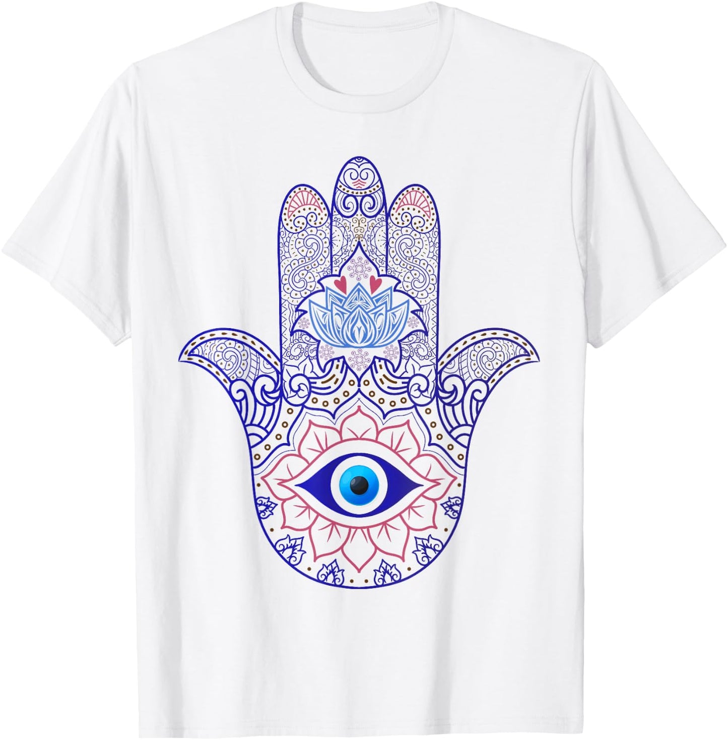 Hamsa Hand Blue Evil Eye Yoga - Spiritual Symbol Ornament T-Shirt - T-Shirt | White