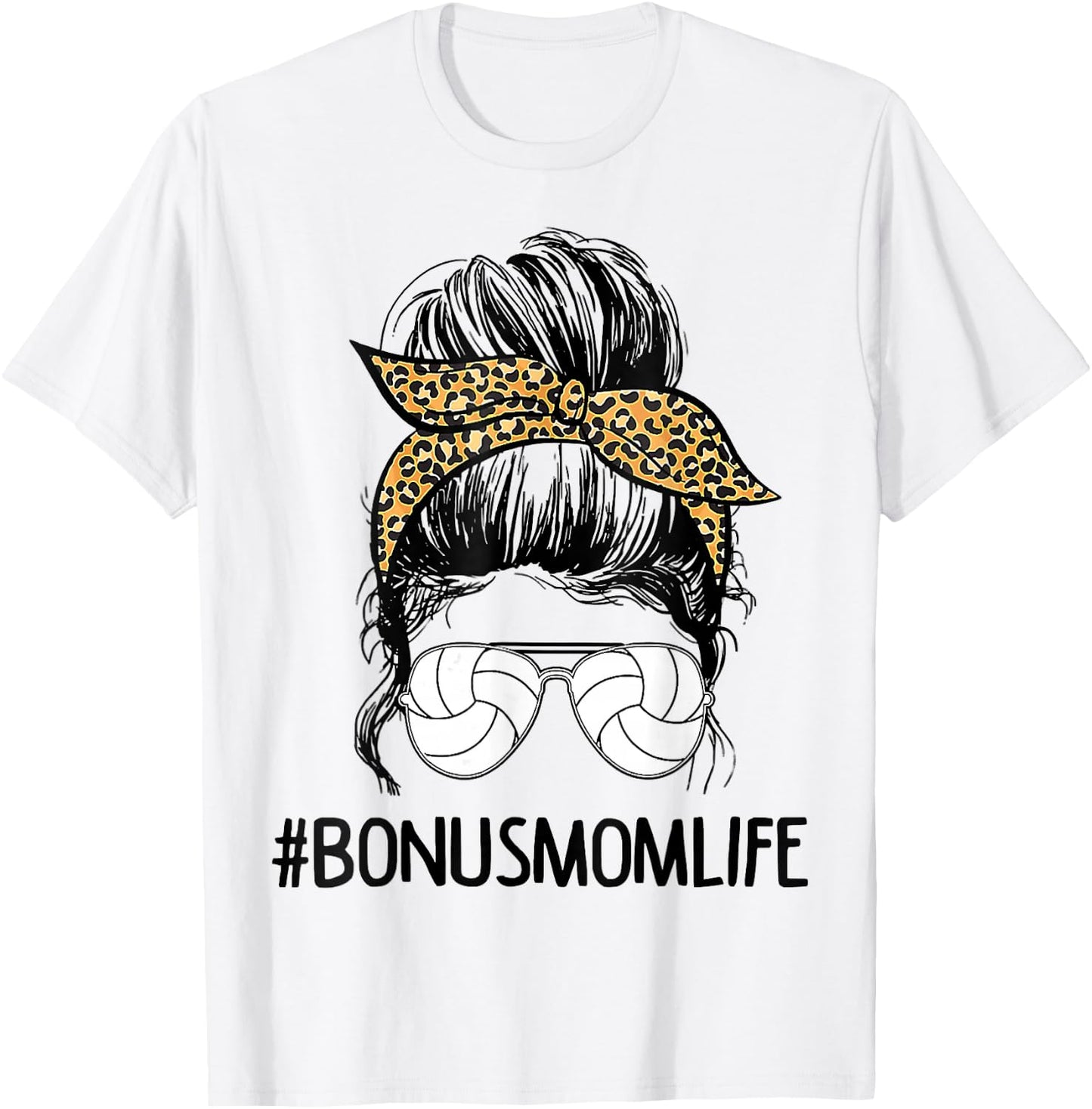 Volleyball Bonus Mom Life Messy Bun Leopard Mother’s Day T-Shirt - T-Shirt | White