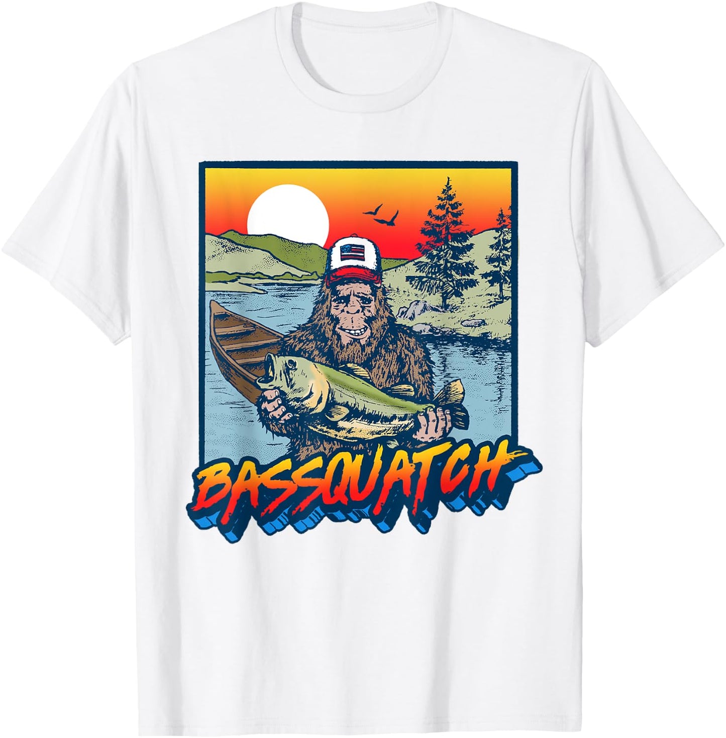 Bassquatch! Funny Bass Fishing Sasquatch Retro 80s T-Shirt - T-Shirt | White