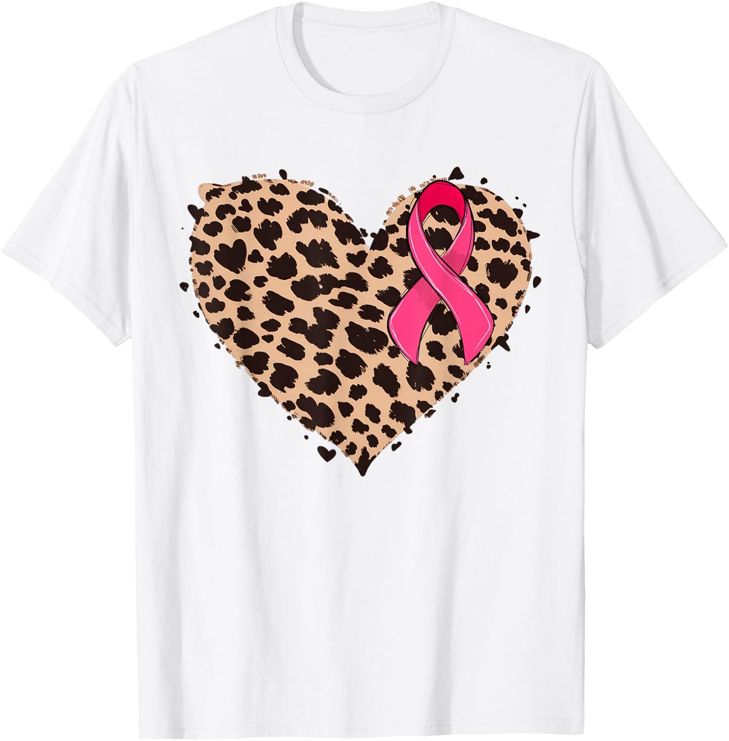 Breast cancer Pink ribbon Cheetah Leopard Heart Print T-Shirt - T-Shirt | White