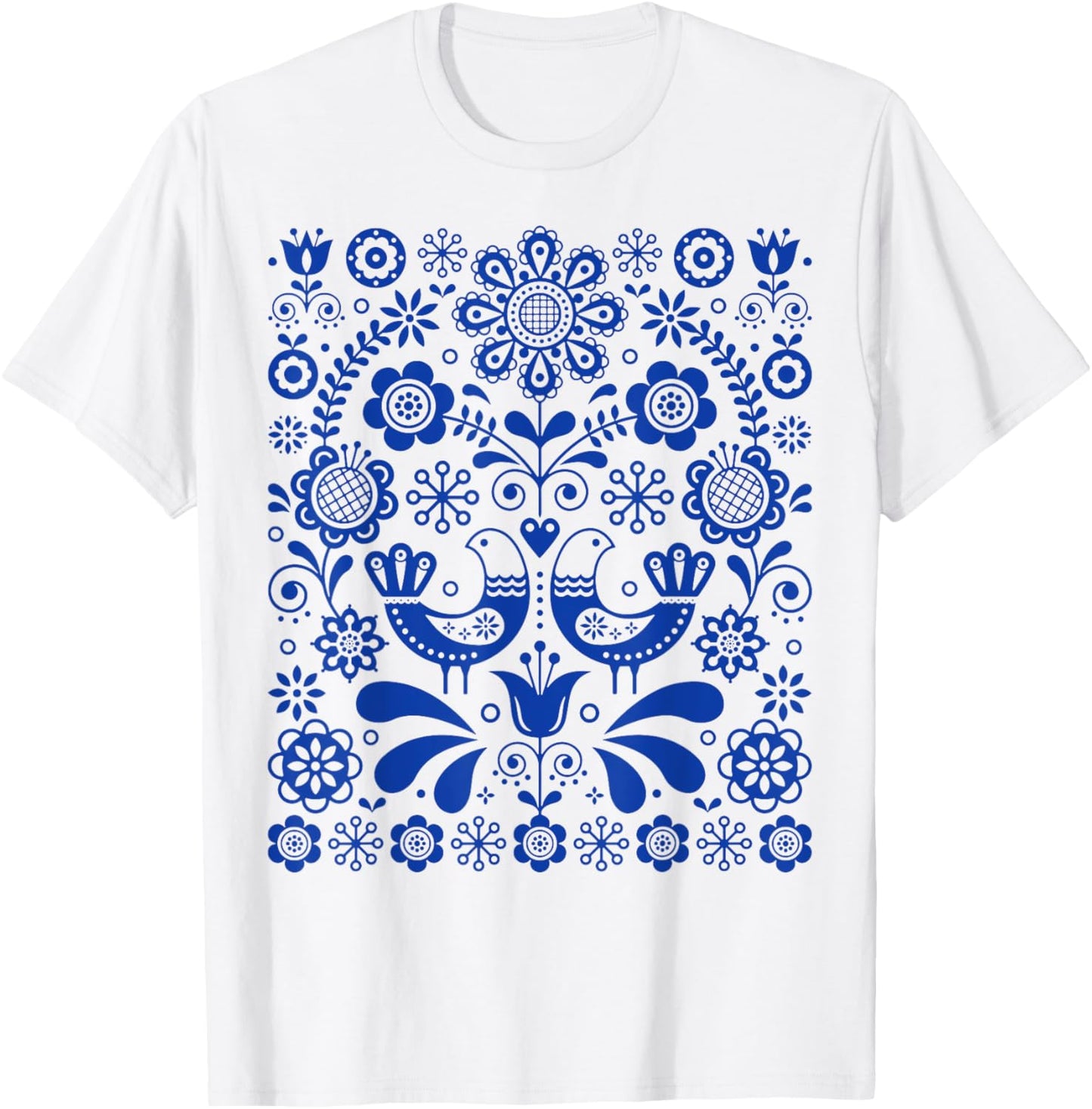Scandinavian Folk Art Botanical Bird Lover Gift T-Shirt - T-Shirt | White