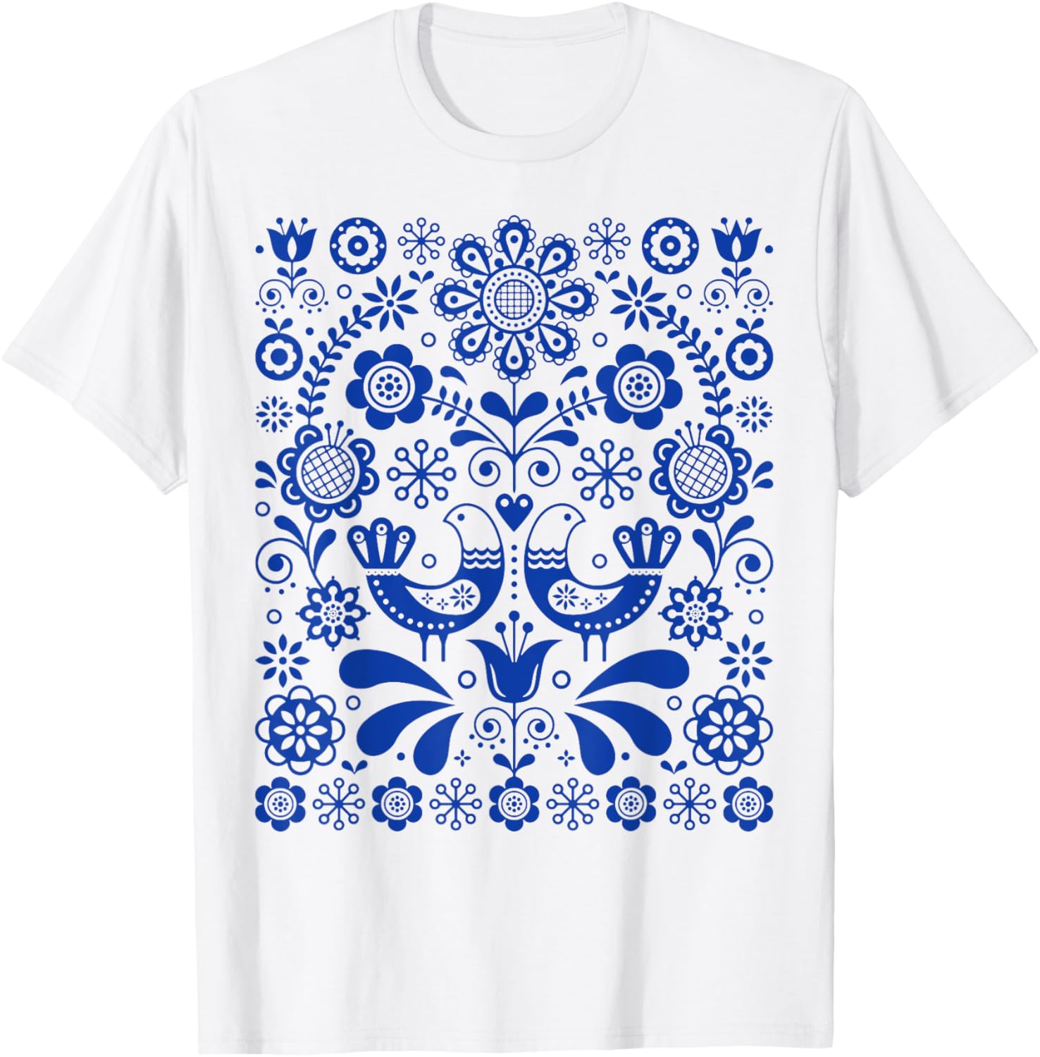 Scandinavian Folk Art Botanical Bird Lover Gift T-Shirt - T-Shirt | White