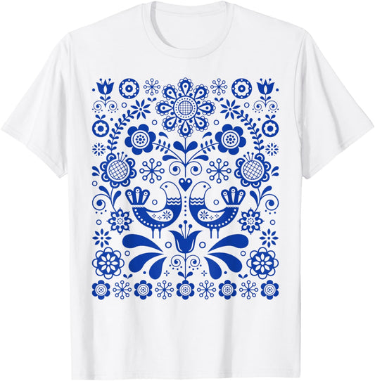 Scandinavian Folk Art Botanical Bird Lover Gift T-Shirt - T-Shirt | White