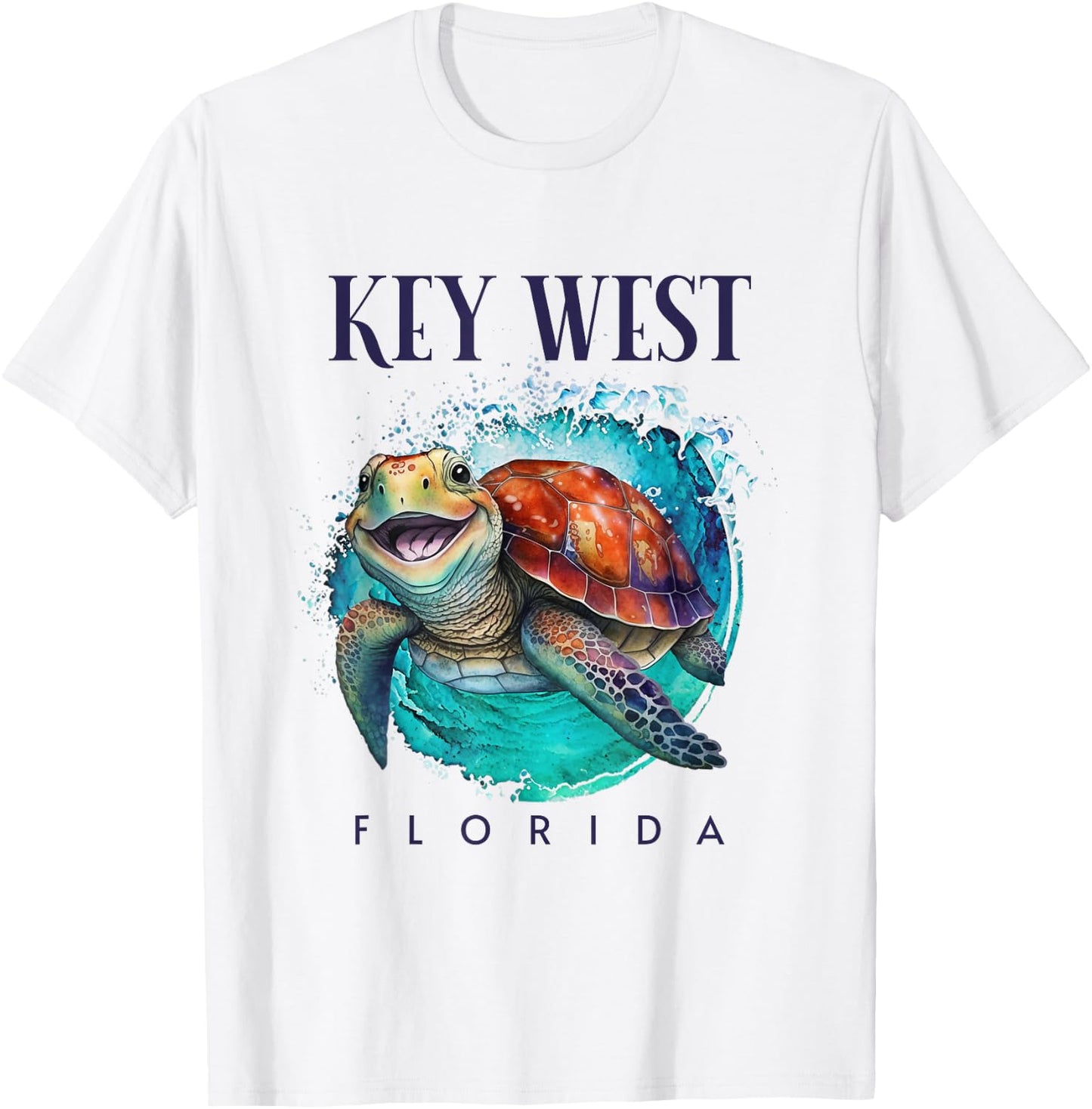Key West Florida Watercolor Happy Sea Turtle T-Shirt - T-Shirt | White