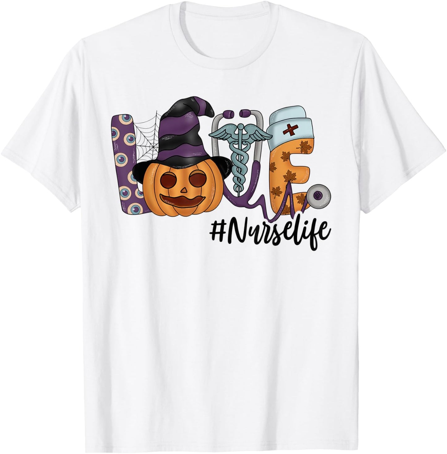 Halloween Love Nurse Stethoscope Pumpkin Health Worker T-Shirt - T-Shirt | White