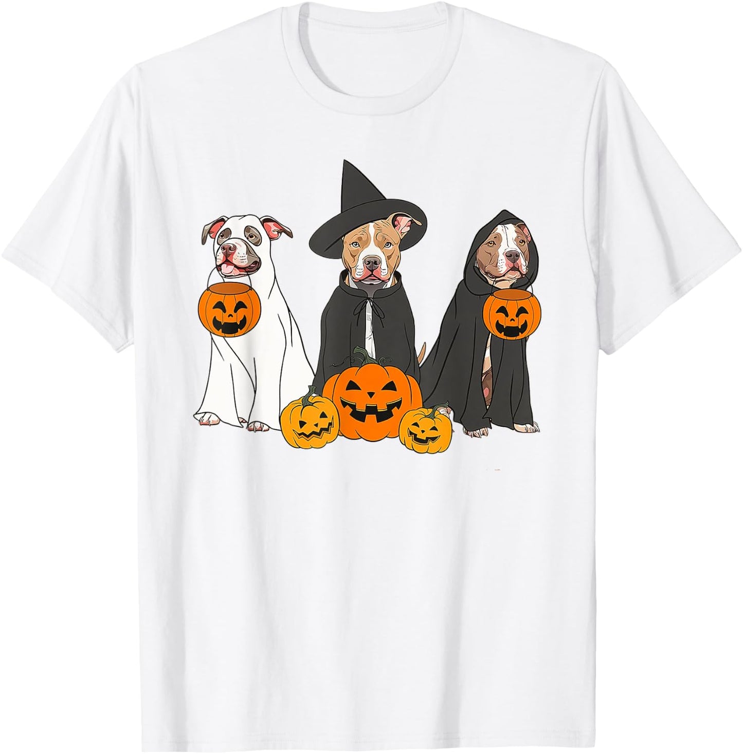 Ghost And Witch Pit Bull Funny Pit Bull Ghost Halloween T-Shirt - T-Shirt | White