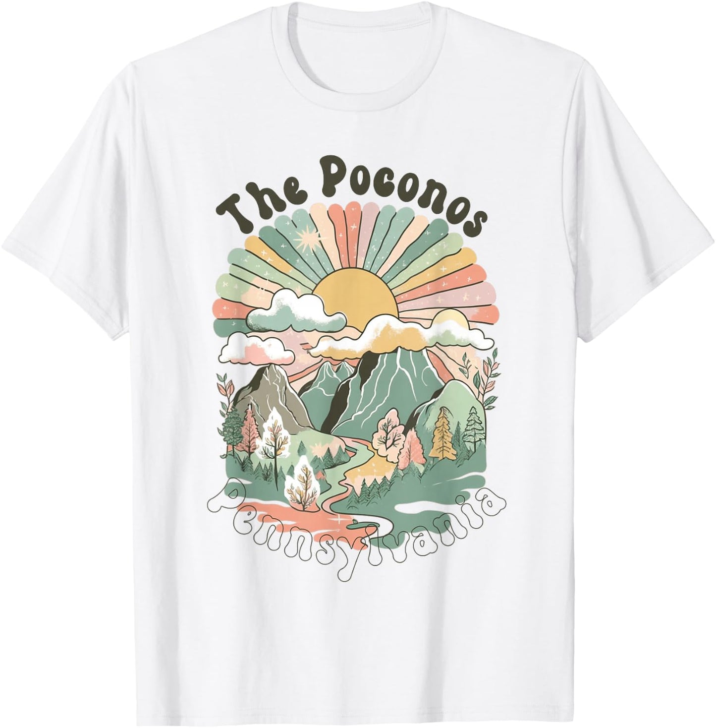 Vintage The Poconos Pennsylvania Mountains Hiking Sunset T-Shirt - T-Shirt | White