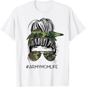Army Mom Life Messy Bun Camo Print Sunglasses Mothers Day T-Shirt - T-Shirt | White