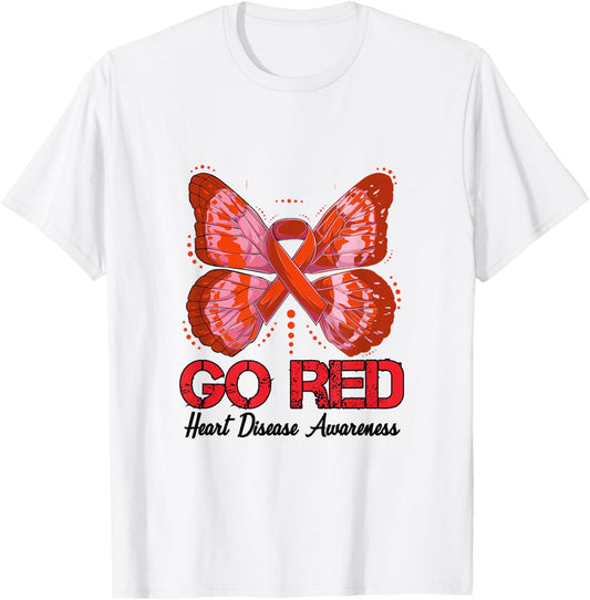 Go Red Heart Disease Awareness 2023 Red Ribbon Butterfly T-Shirt - T-Shirt | White