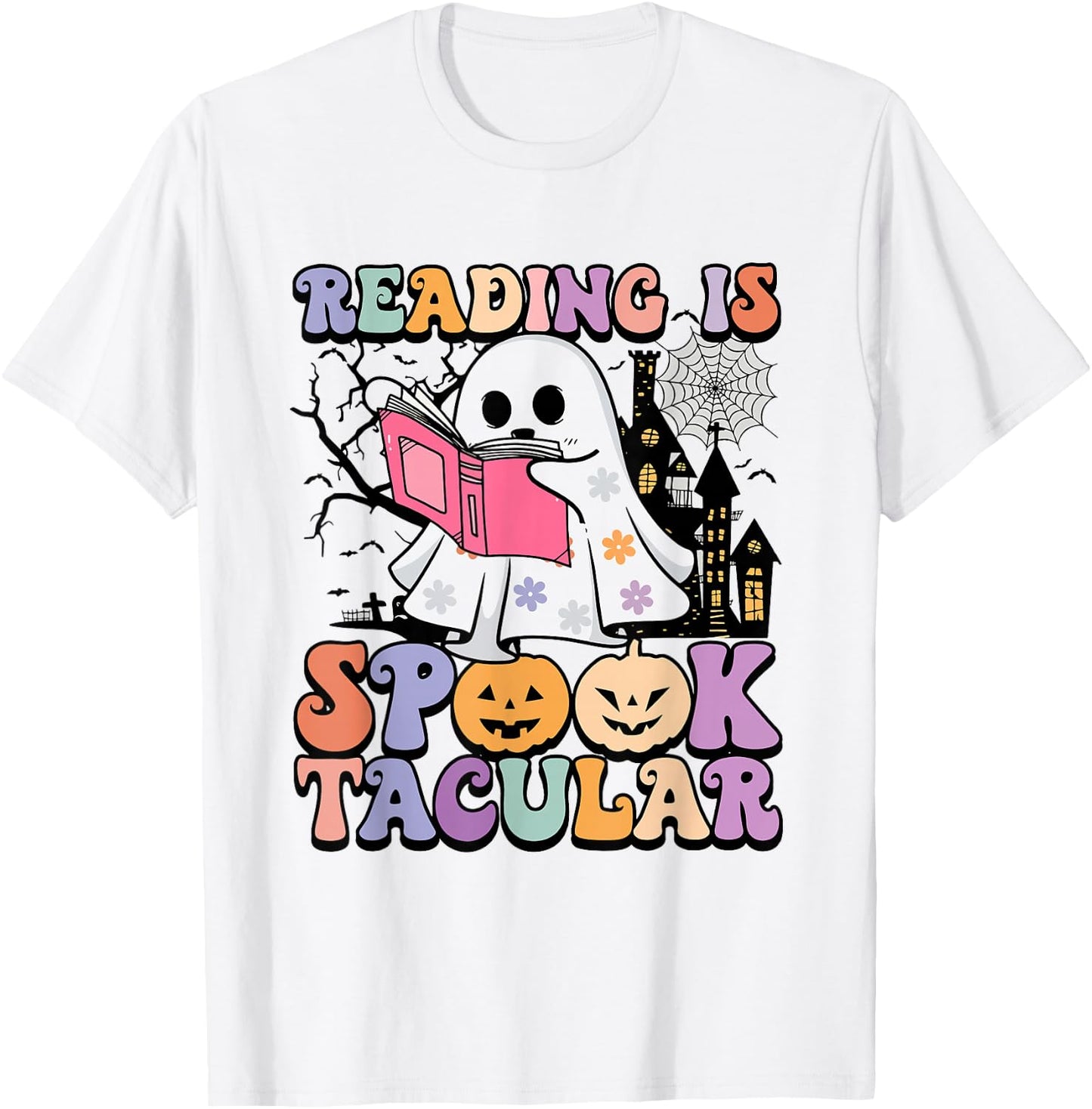 Reading Is Spooktacular Funny Ghost Reading Book Halloween T-Shirt - T-Shirt | White