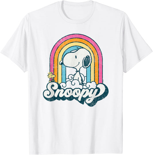 Peanuts - Snoopy Woodstock Retro Rainbow Cloud T-Shirt - T-Shirt | White