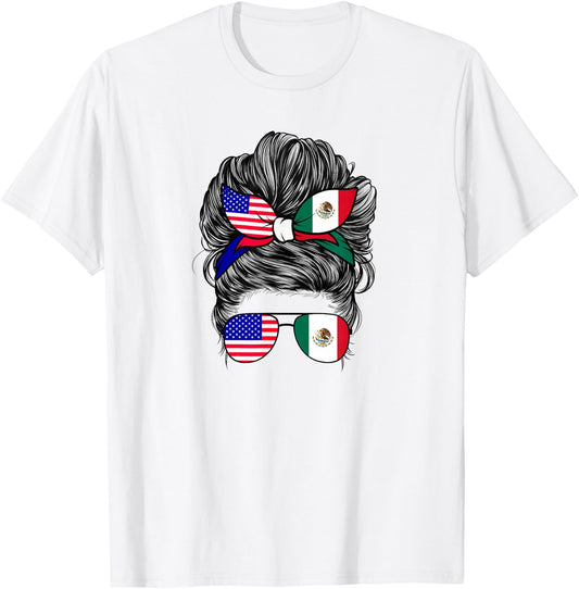 Half American And Mexican Mexico America Flag Girl T-Shirt - T-Shirt | White