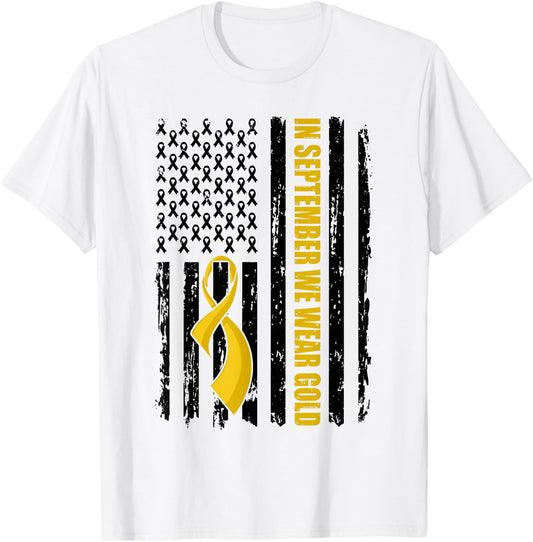 In September We Wear Gold Flag Childhood Cancer Awareness T-Shirt - T-Shirt | White