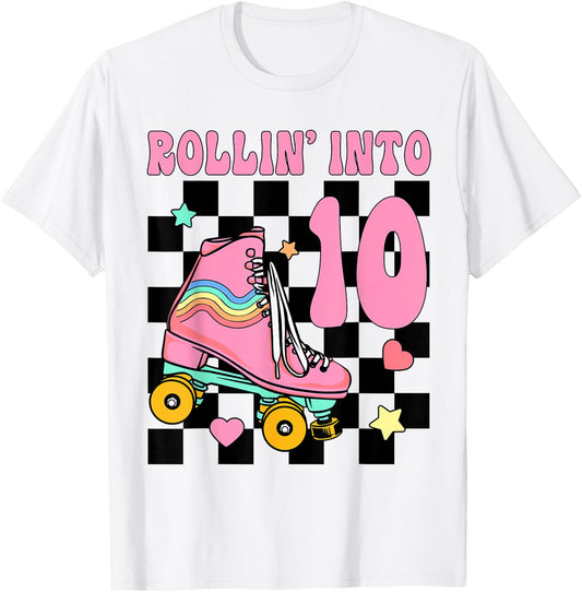 Rolling Into 10 Years Old Roller Skating Girl 10th Birthday T-Shirt - T-Shirt | White