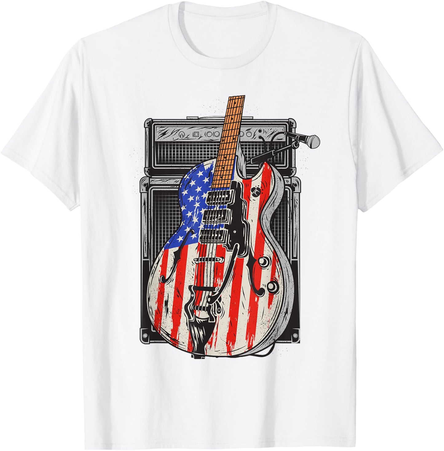 American Flag Guitar 4th of July Guitarist USA Country Music T-Shirt - T-Shirt | White