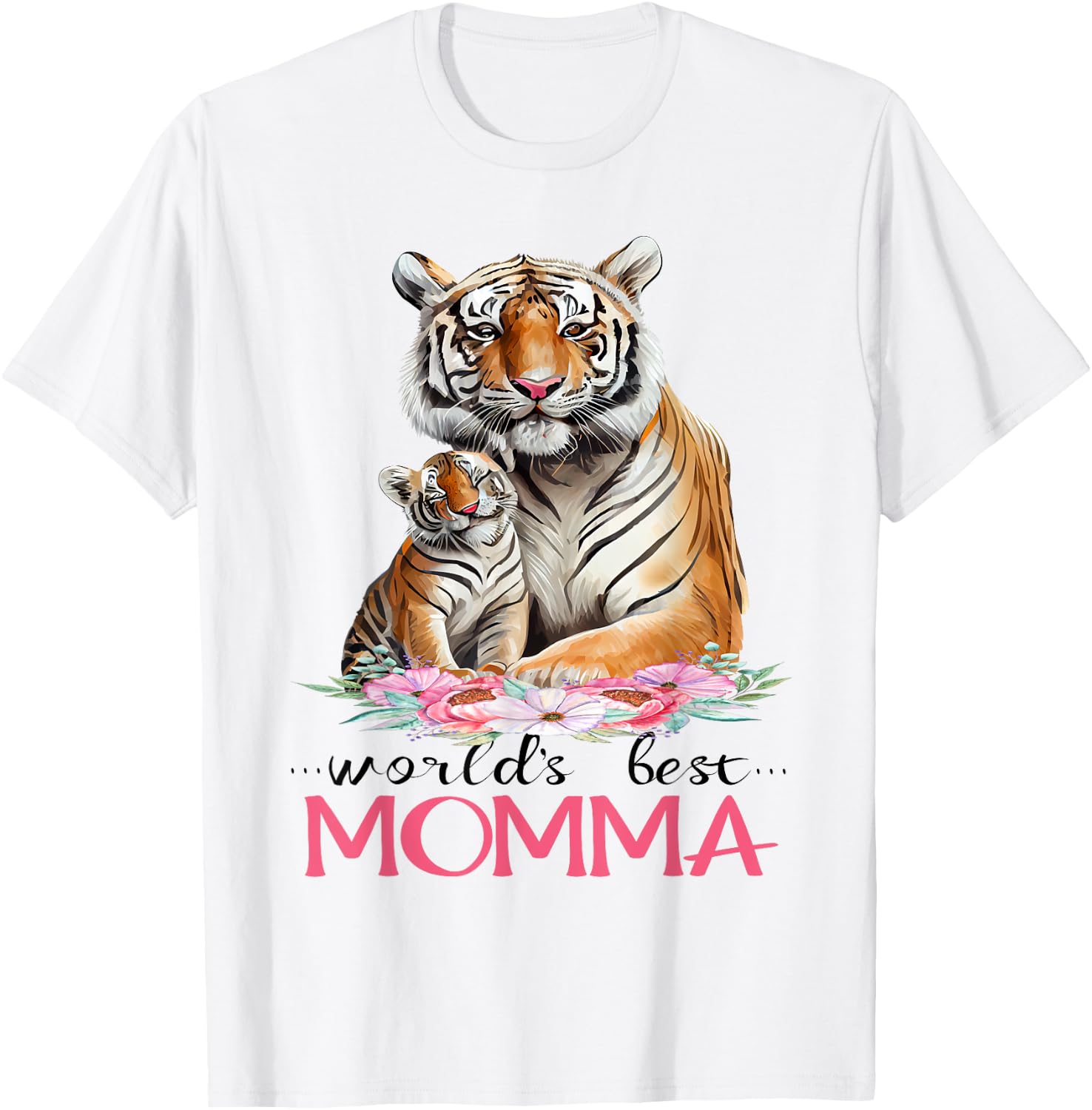 World's Best Momma Mom 2025 Pretty Floral Tiger & Cub T-Shirt - T-Shirt | White