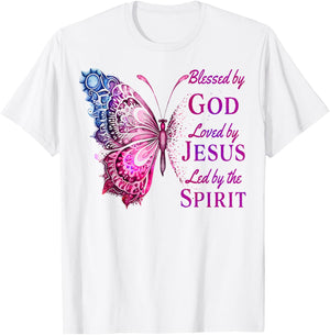 Blessed by God Loved by Jesus Pink Butterfly Christian T-Shirt - T-Shirt | White