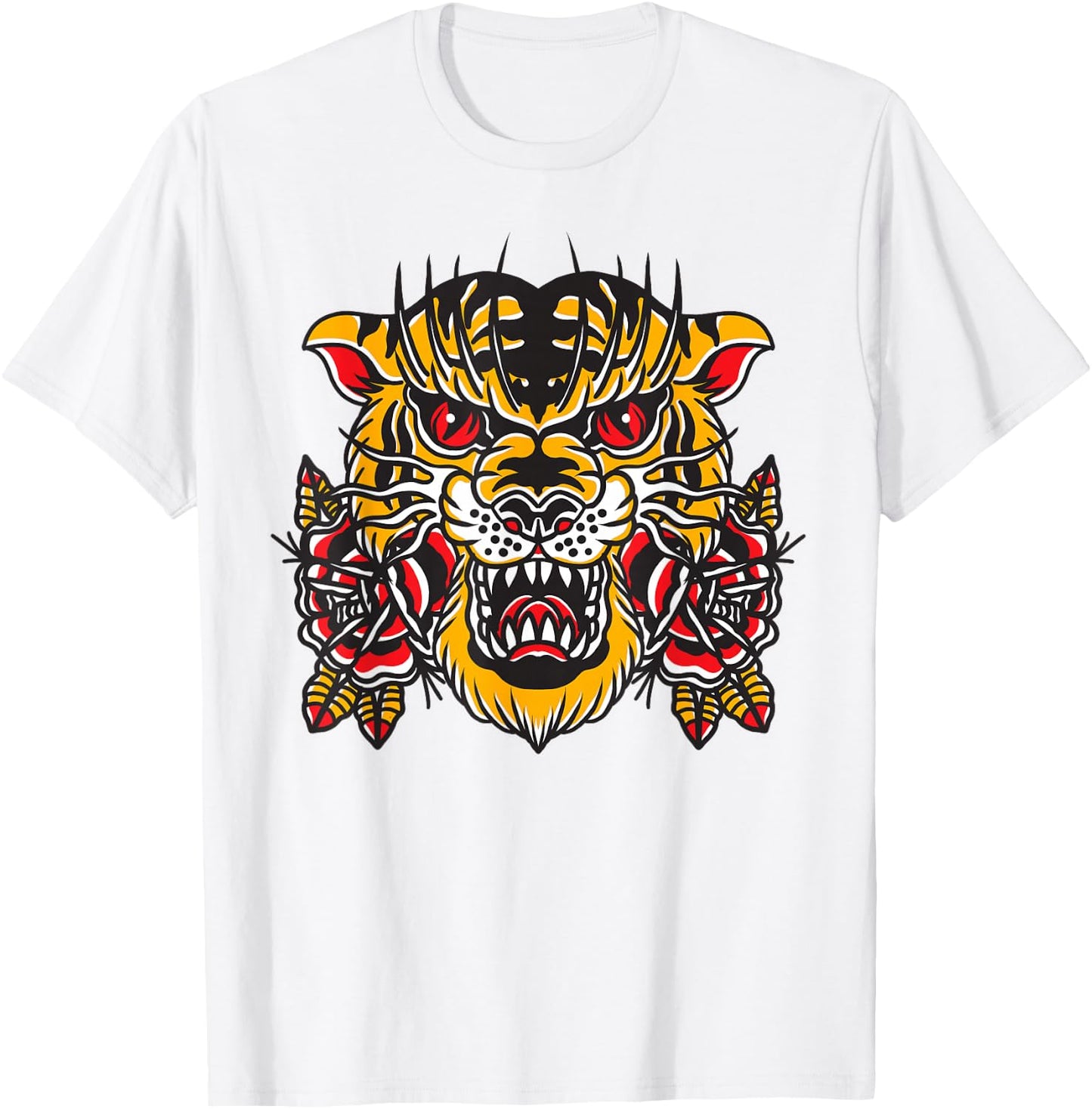 American Traditional Tattoo Flash Tiger Flower Old School T-Shirt - T-Shirt | White