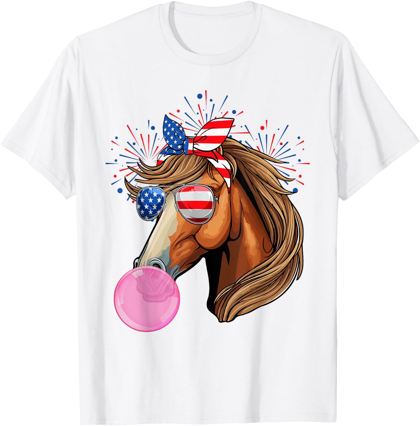 Horse Blowing Bubble Gum USA Flag Sunglasses Indepedence Day T-Shirt - T-Shirt | White