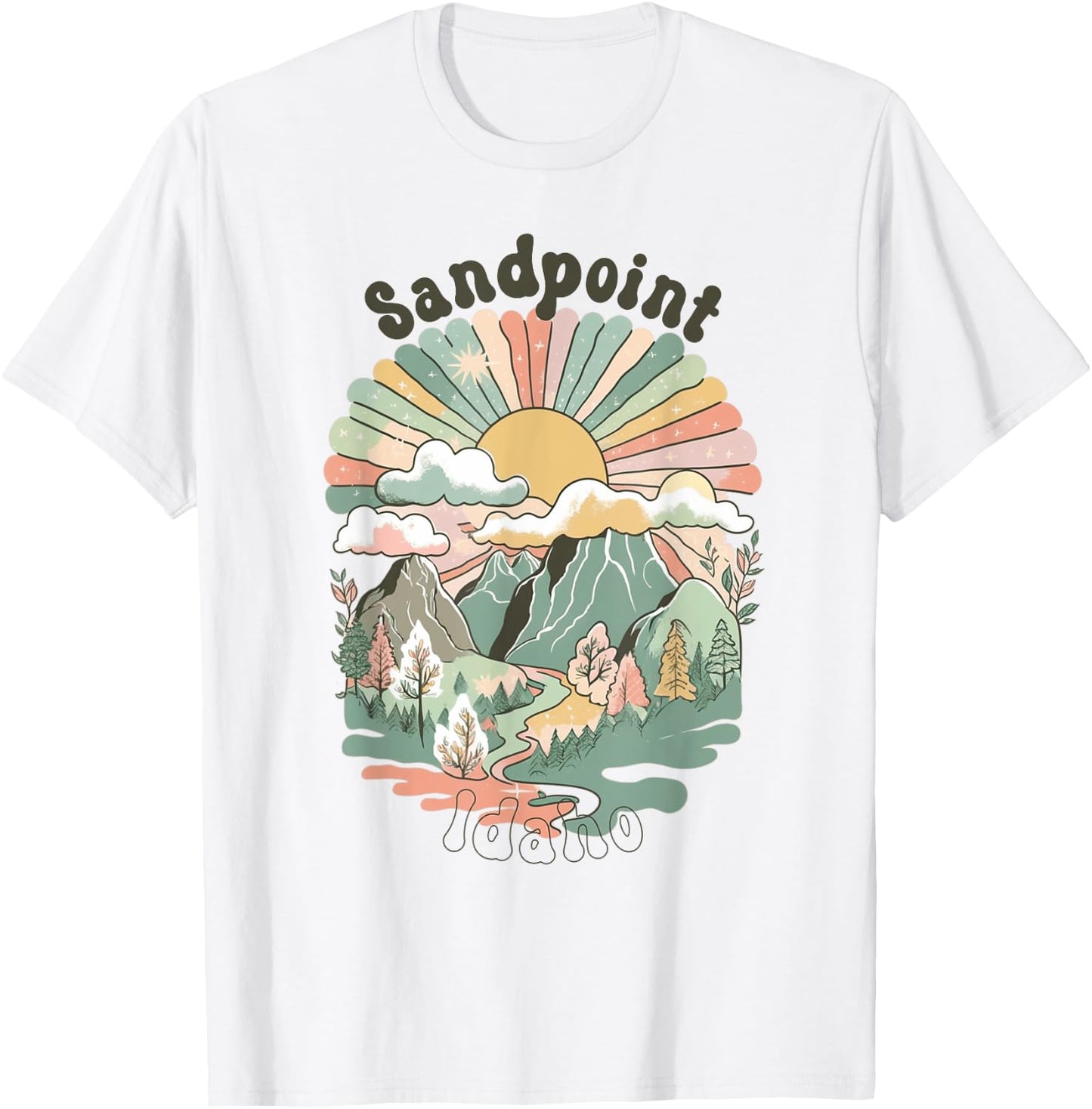 Vintage Sandpoint Idaho Mountains Hiking Sunset Groovy T-Shirt - T-Shirt | White