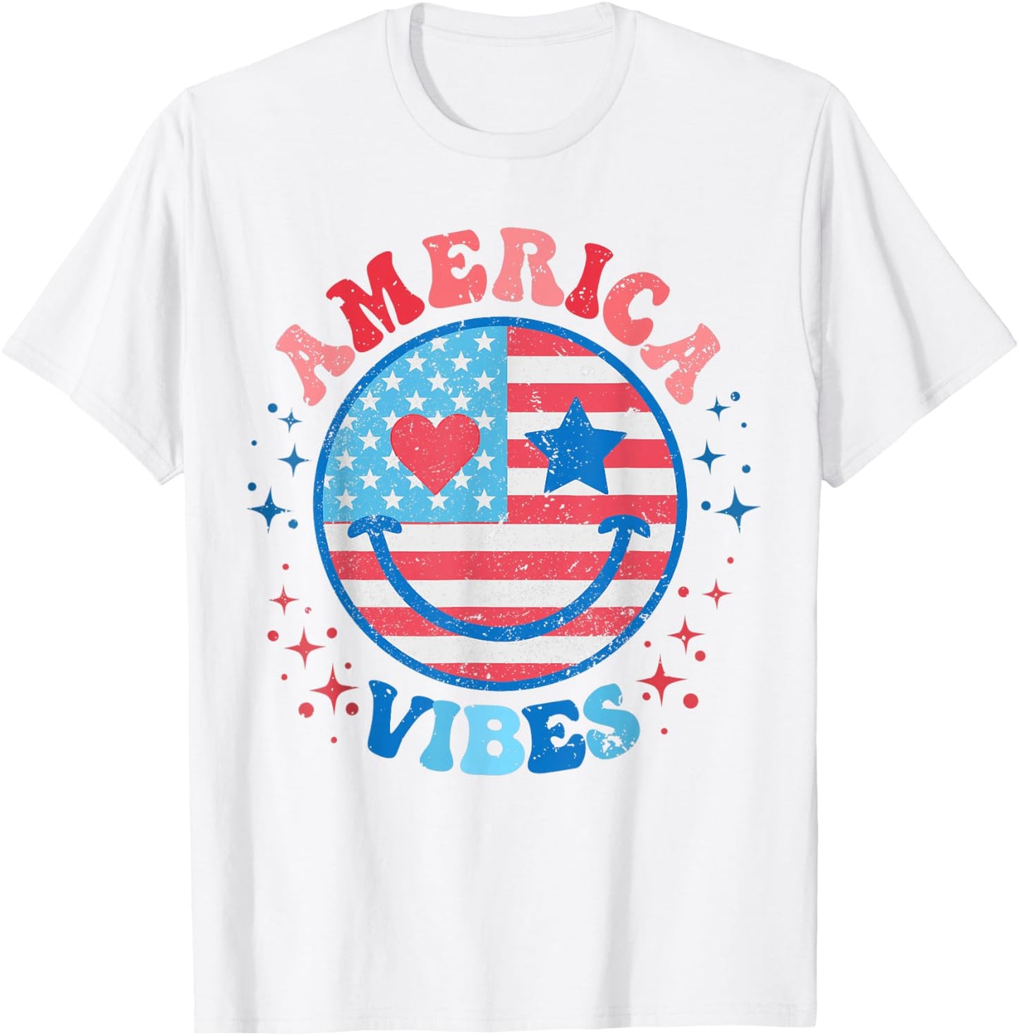 America Vibes Smile Face American Flag 4th of July Groovy T-Shirt - T-Shirt | White