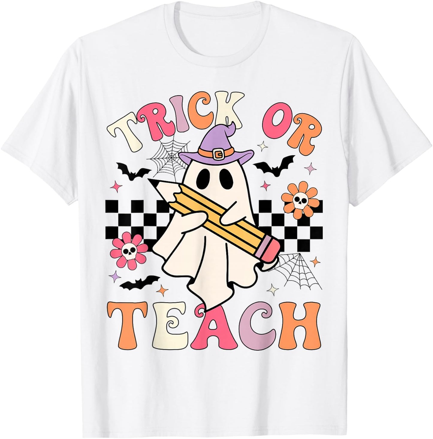 Trick Or Teach Groovy Teacher Halloween Retro Floral Ghost T-Shirt - T-Shirt | White