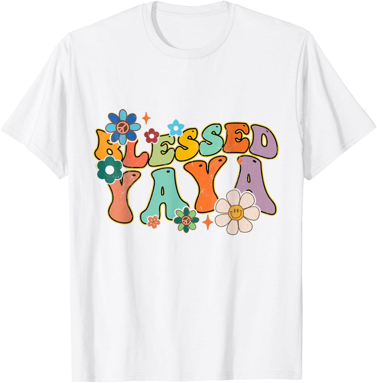 Groovy Mother's Day Blessed Yaya Flowers Hippie T-Shirt - T-Shirt | White