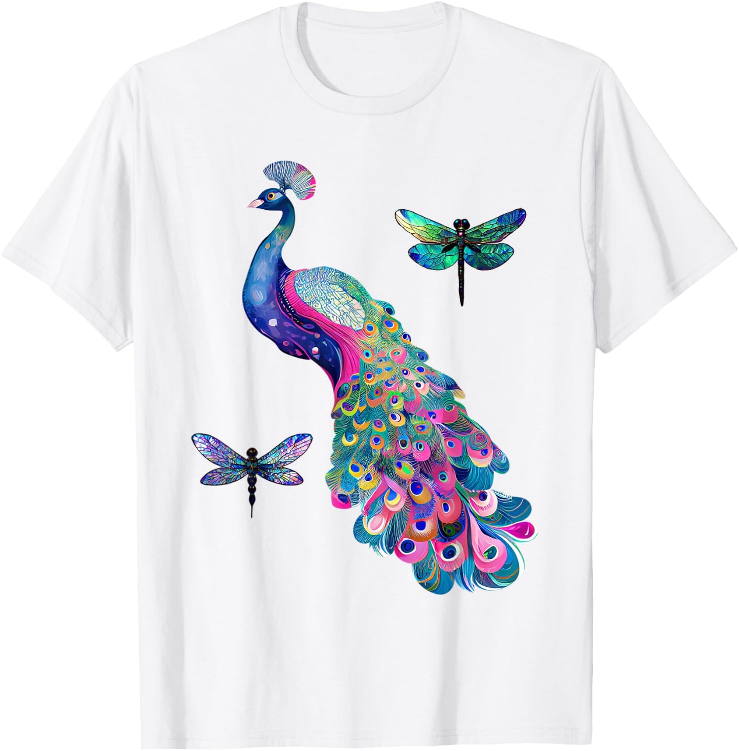 Colorful Peacock Feathers Dragonflies Graphic Art Design T-Shirt - T-Shirt | White