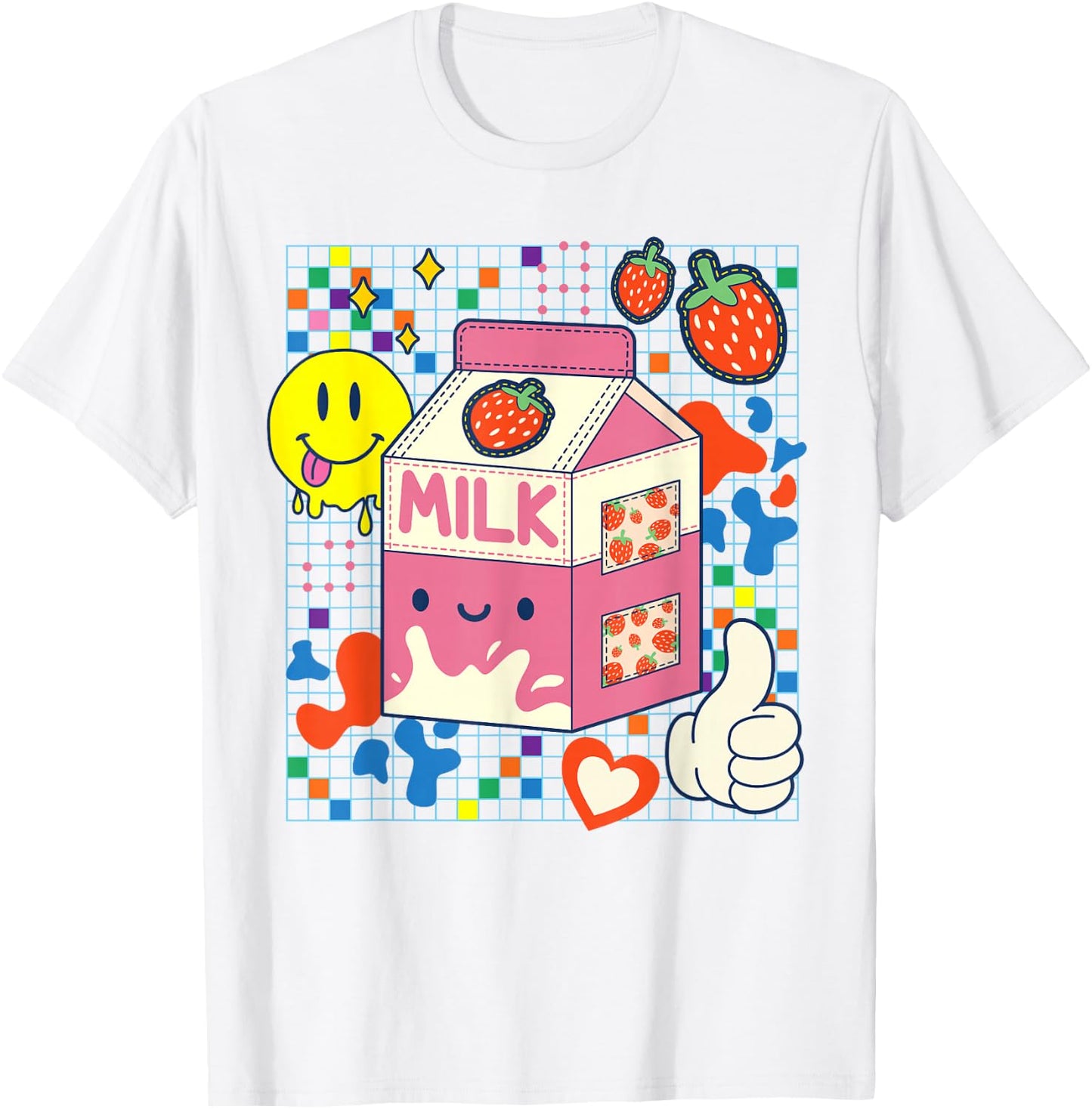 Kidcore Aesthetic Strawberry Milk Fabric Patches Decora Kei T-Shirt - T-Shirt | White