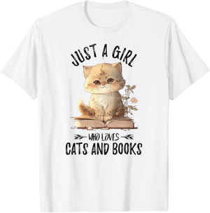 Just A Girl Who Loves Cats And Books, Kitties Pet Art Lover T-Shirt - T-Shirt | White