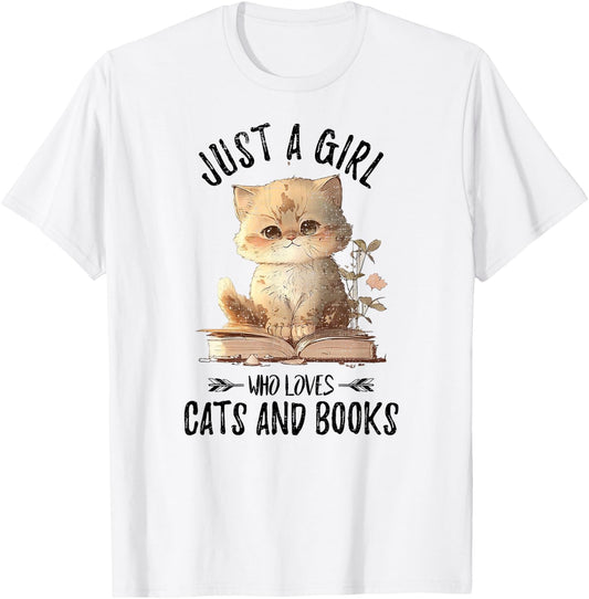 Just A Girl Who Loves Cats And Books, Kitties Pet Art Lover T-Shirt - T-Shirt | White