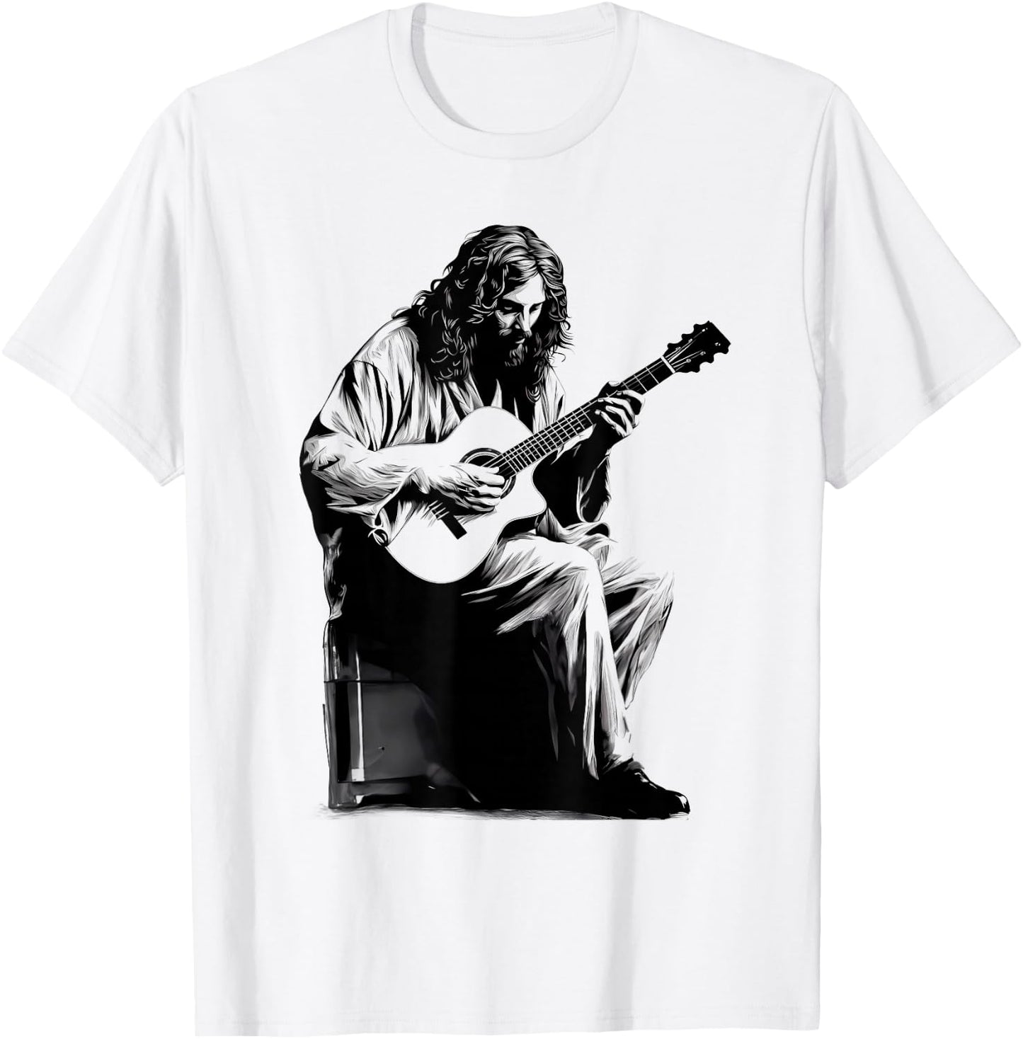 Jesus Playing Acoustic Guitar Vintage Guitarist Music Lovers T-Shirt - T-Shirt | White