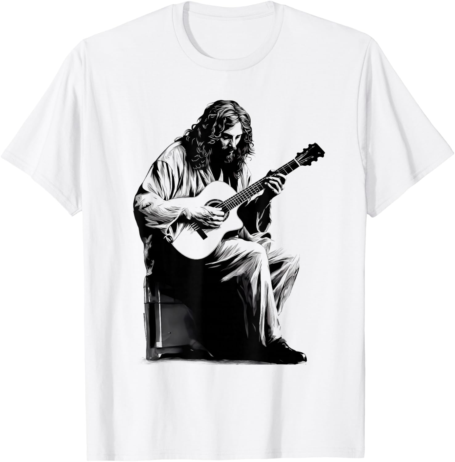 Jesus Playing Acoustic Guitar Vintage Guitarist Music Lovers T-Shirt - T-Shirt | White