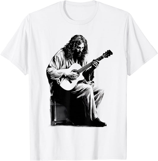 Jesus Playing Acoustic Guitar Vintage Guitarist Music Lovers T-Shirt - T-Shirt | White