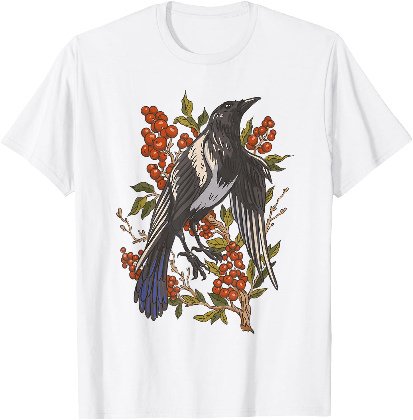 Fruits Cranberries Plant Bird Magpie T-Shirt - T-Shirt | White