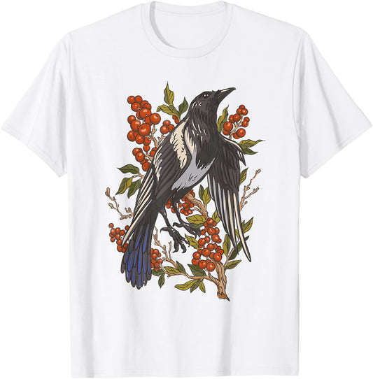 Fruits Cranberries Plant Bird Magpie T-Shirt - T-Shirt | White